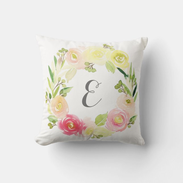 Pink & Yellow Watercolor Floral Wreath | Monogram Cushion (Front)