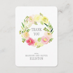 Pink & Yellow Watercolor Floral Wreath Thank You Card
