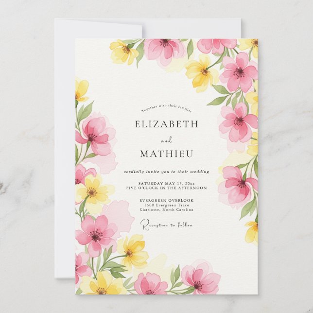 Pink Yellow Watercolor Spring Wedding Invitation (Front)