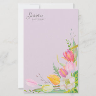 Pink Yellow Watercolor Tulips Springtime Flowers Stationery