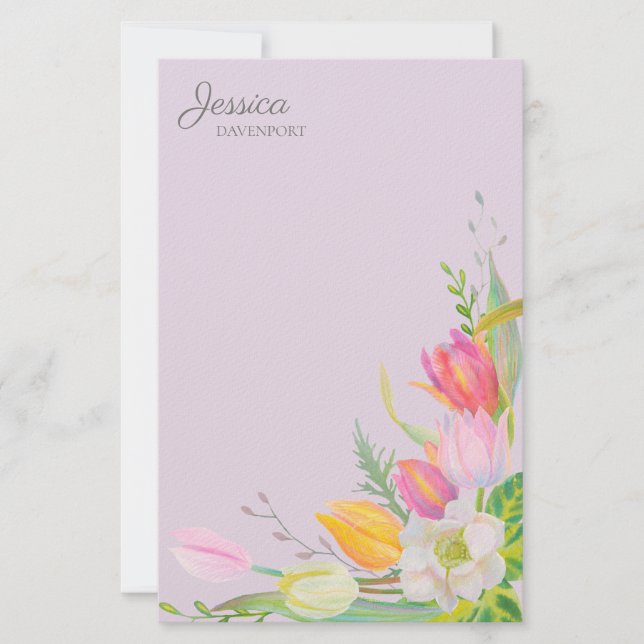 Pink Yellow Watercolor Tulips Springtime Flowers  Stationery (Front)