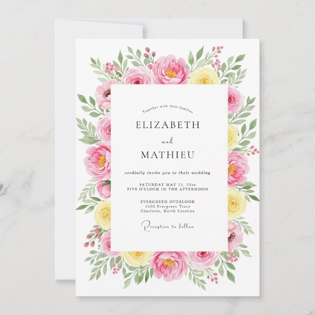 Pink Yellow Whimsical Spring Wedding Invitation (Front)