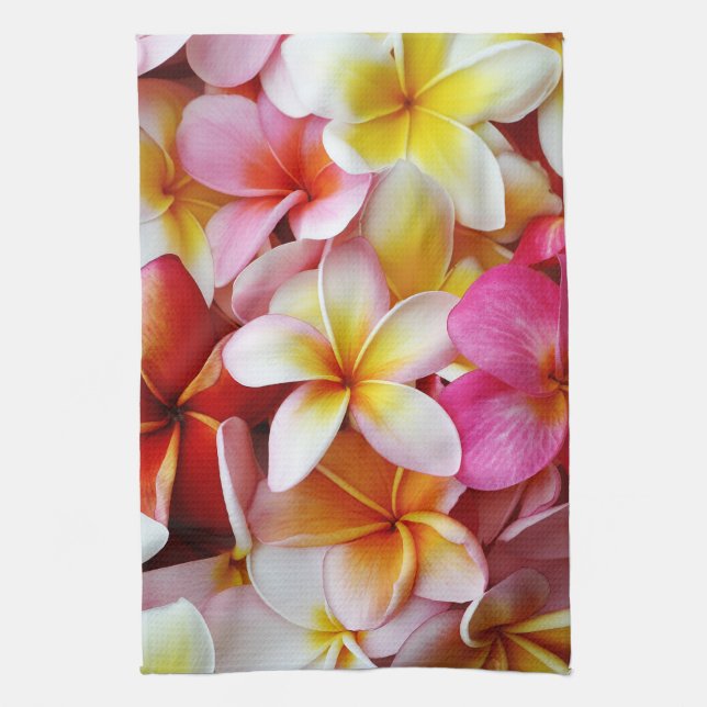 Pink Yellow  White Mixed Plumeria Flower Tea Towel (Vertical)
