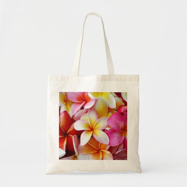 Pink Yellow  White Mixed Plumeria Flower Tote Bag (Front)