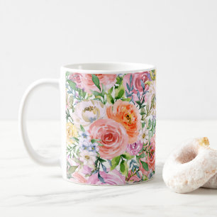 Pink Yellow White Orange Rose Flowers Pattern Coffee Mug