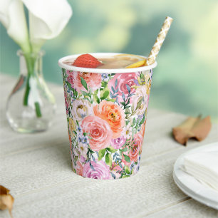 Pink Yellow White Orange Rose Flowers Pattern Paper Cups