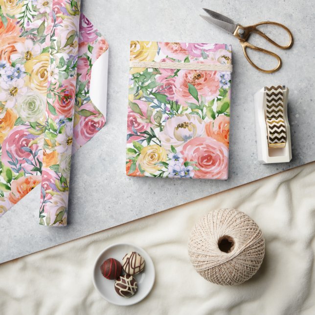 Pink Yellow White Orange Rose Flowers Pattern Wrapping Paper (Crafts)