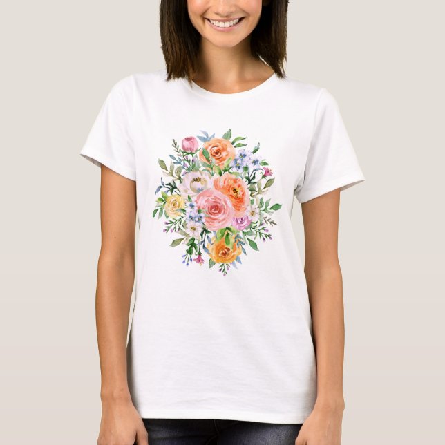 Pink Yellow White Orange Rose Flowers T-Shirt (Front)