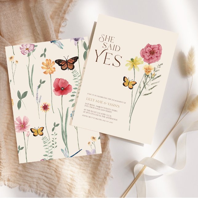 Pink Yellow Wildflower She Said Yes Engagement Invitation (Pink Yellow Wildflower She Said Yes Engagement Invitation)