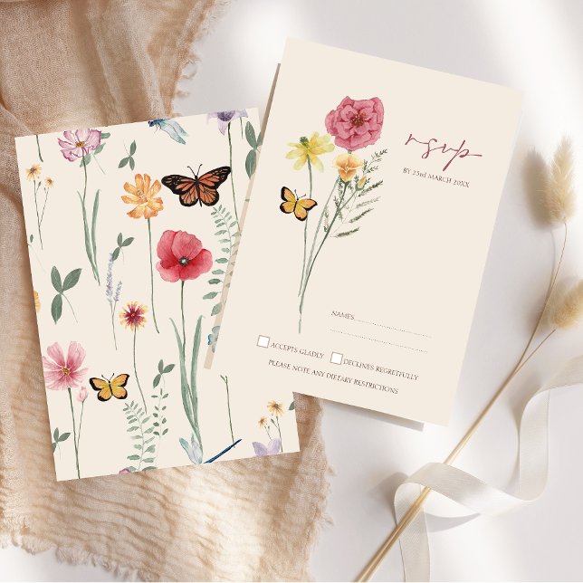 Pink Yellow Wildflower Whimsical Wedding RSVP (Pink Yellow Wildflower Whimsical Wedding RSVP Card)