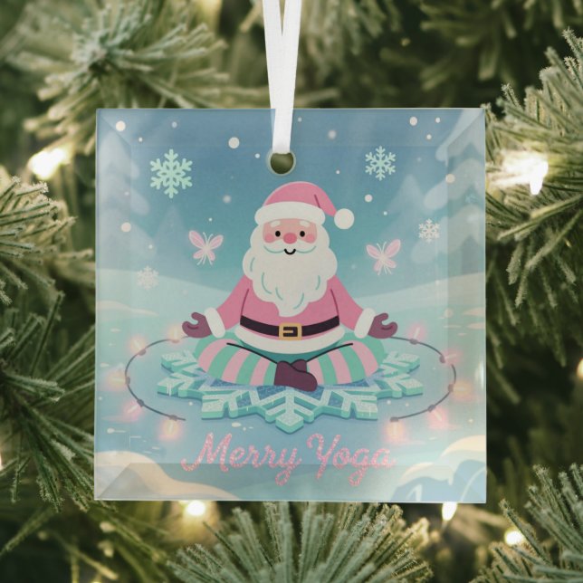 Pink Yoga Santa Meditation Christmas Glass Tree Decoration (Insitu)