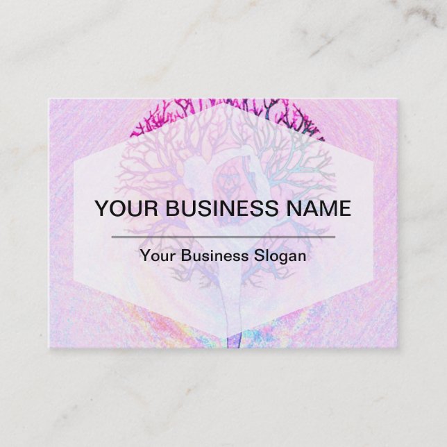 Pink Yoga Tree Woman in Pastel Colours Business Card (Front)