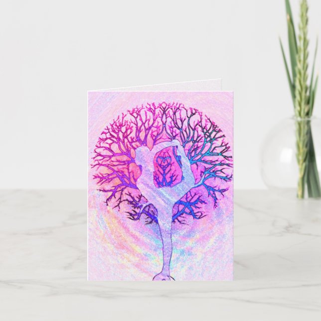Pink Yoga Tree Woman in Pastel Colours Card (Front)