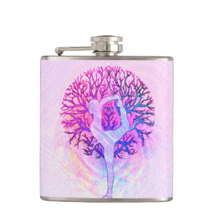 Pink Yoga Tree Woman in Pastel Colours Hip Flask