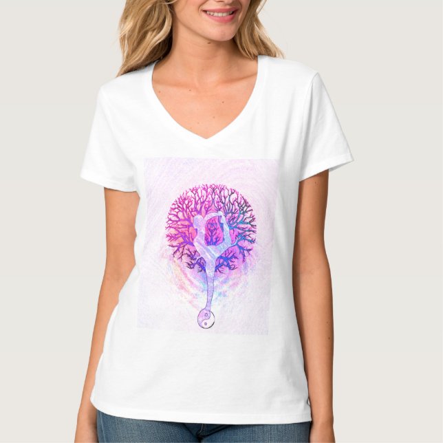 Pink Yoga Tree Woman in Pastel Colours T-Shirt (Front)