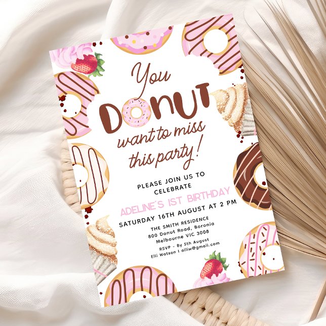 Pink You Donut Want to Miss This Party Birthday Invitation (You Donut Want To Miss This Party Birthday Invitation Donuts themed Girls Birthday Party Invite)