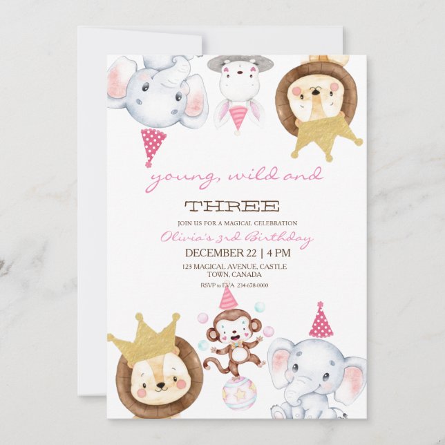Pink Young Wild and Three Animals Birthday Party  Invitation (Front)