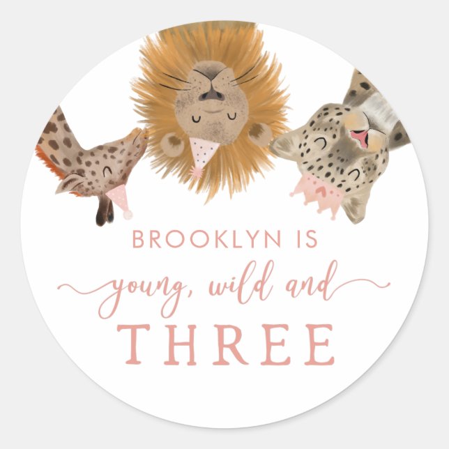 Pink Young Wild and Three Safari Birthday Party Classic Round Sticker (Front)