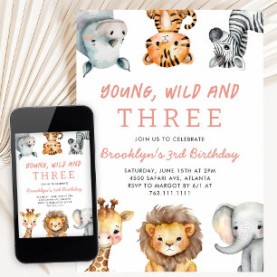 Pink Young Wild and Three Safari Birthday Party Invitation