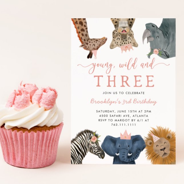 Pink Young Wild and Three Safari Birthday Party Invitation (Creator Uploaded)