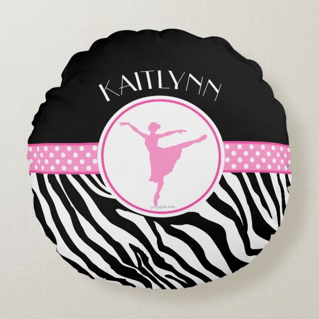Pink Your Name Zebra Print Ballet Dancer Round Cushion (Front)
