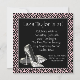 Pink Zebra 21st Birthday Party Invitations