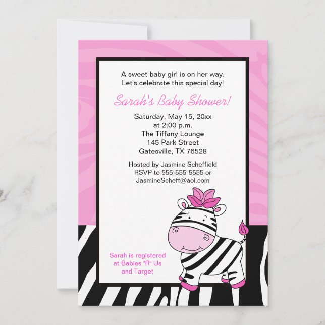 Pink Zebra 5x7 Baby Shower Invitation - Light Pink (Front)
