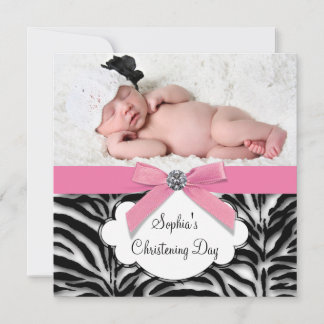 Pink Zebra Baby Girl Photo Christening Invitation