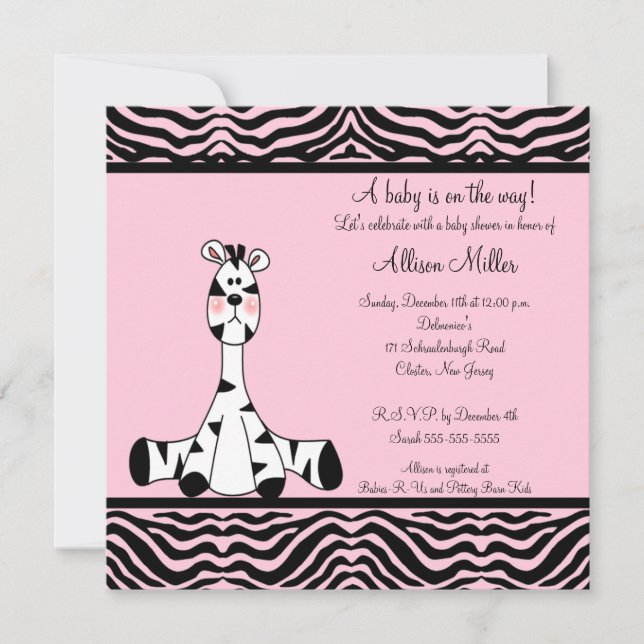 Pink Zebra Baby Shower Invitation (Front)