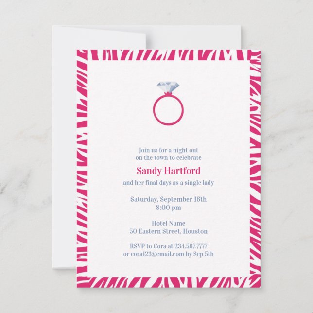 Pink Zebra Bachelorette Party Flat Invitation (Front)
