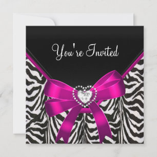Pink Zebra Black White Birthday Party Invitation
