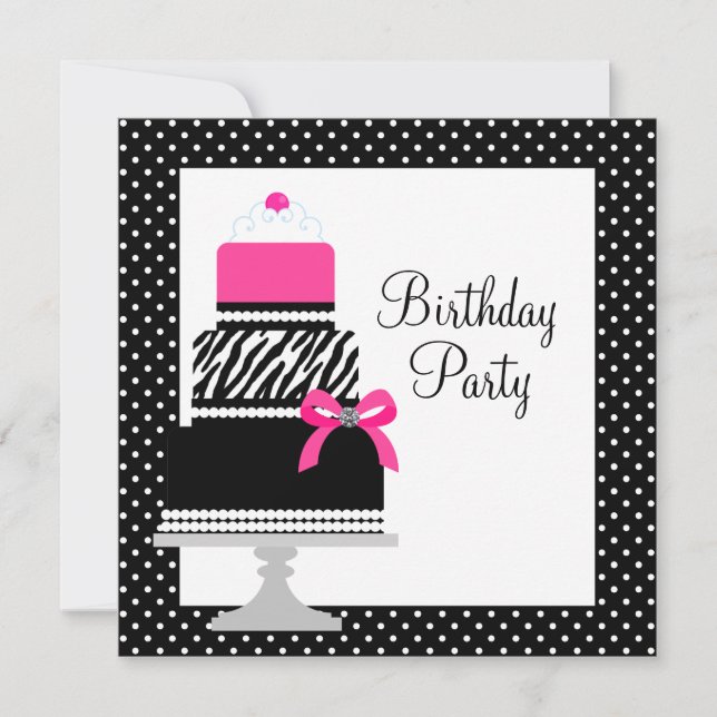 Pink Zebra Cake Cupcake Birthday Party Invitations (Front)