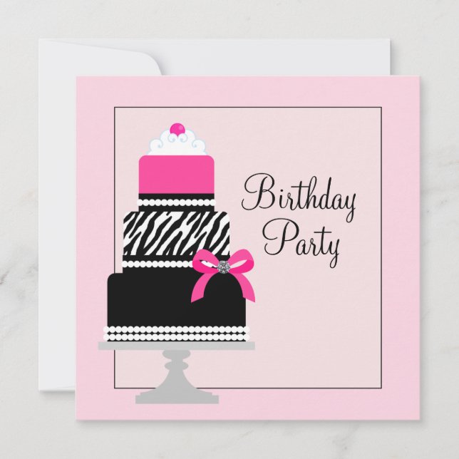 Pink Zebra Cake Cupcake Birthday Party Invitations (Front)