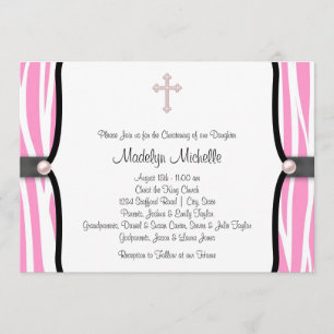 Pink Zebra Christening Invitation