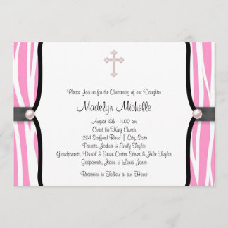 Pink Zebra Christening Invitation