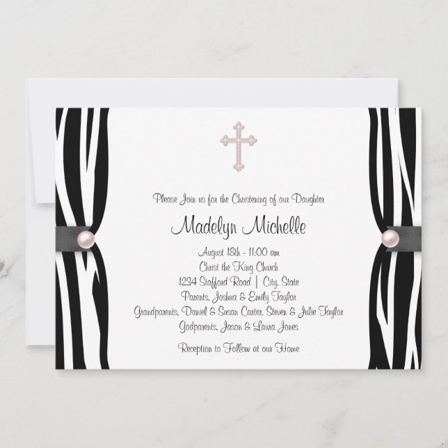 Pink Zebra Christening Invitation (Front)