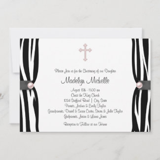 Pink Zebra Christening Invitation