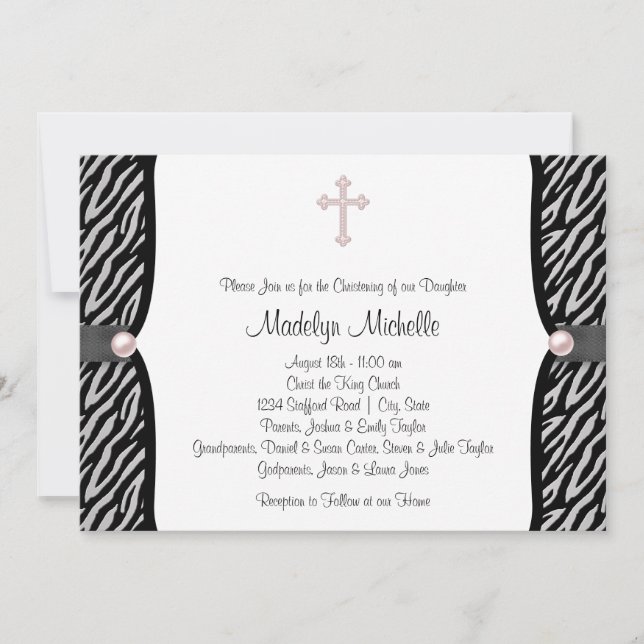 Pink Zebra Christening Invitation (Front)