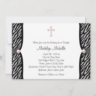 Pink Zebra Christening Invitation