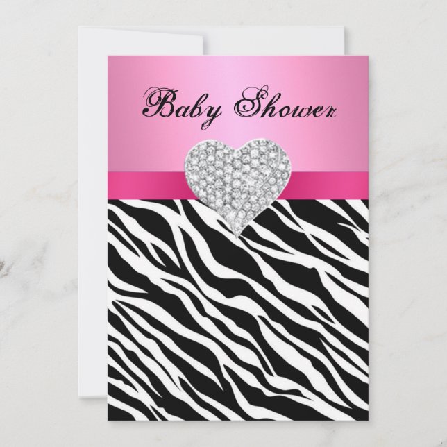 Pink Zebra Diamond Heart Baby Shower Invitation (Front)