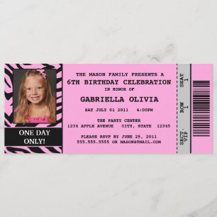 Pink Zebra Event Ticket Birthday Party Invitation