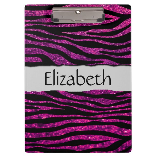 Pink Zebra, Glitter Zebra, Zebra Print, Your Name Clipboard (Front)