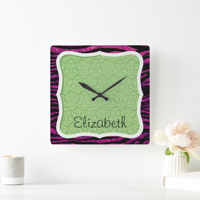 Pink Zebra, Glitter Zebra, Zebra Print, Your Name Square Wall Clock (Home)