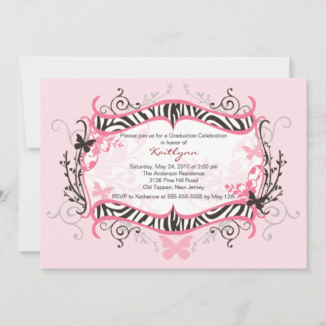 Pink Zebra Graduation Invitation (Front)