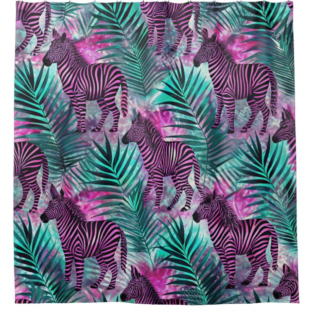 Pink Zebra Jungle Tropical Pattern Shower Curtain (Front)