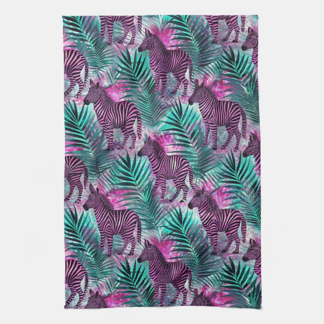 Pink Zebra Jungle Tropical Pattern Tea Towel (Vertical)