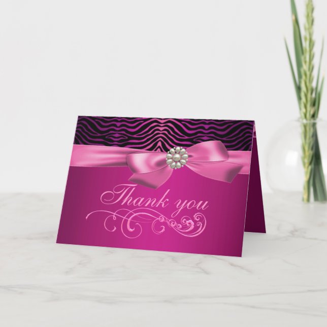 Pink Zebra Print & Bow Thank You Card (Front)