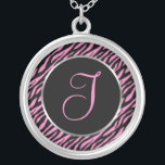 Pink Zebra Print Fancy Letter I Silver Plated Necklace<br><div class="desc">Script letter I in pink on a black and pink zebra print background.</div>