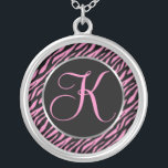 Pink Zebra Print Fancy Letter K Silver Plated Necklace<br><div class="desc">Script letter K in pink on a black and pink zebra print background.</div>