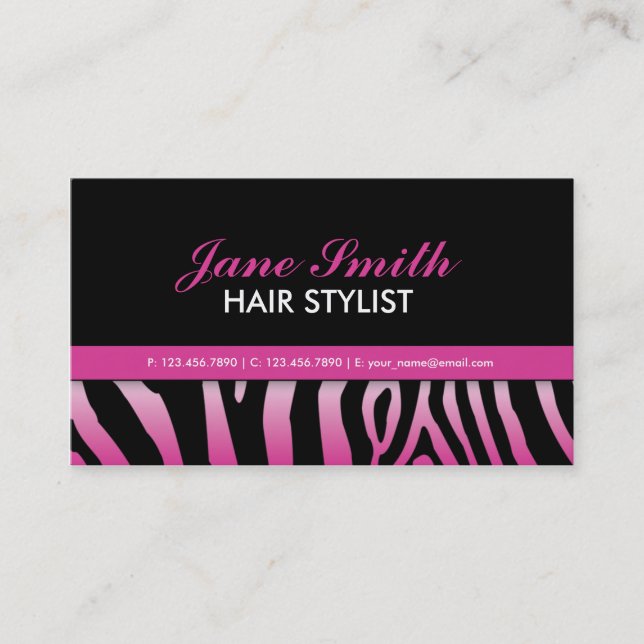 Pink Zebra Print Hair Stylist Hairdresser Salon Business Card (Front)
